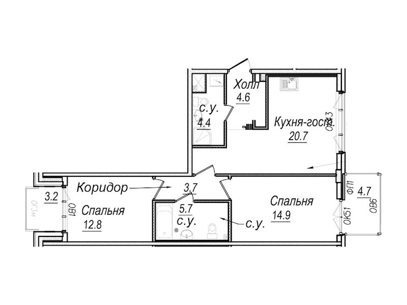 2-комнатная квартира 69.8 м², 7/8 эт., Комплекс апартаментов «Meltzer Hall»